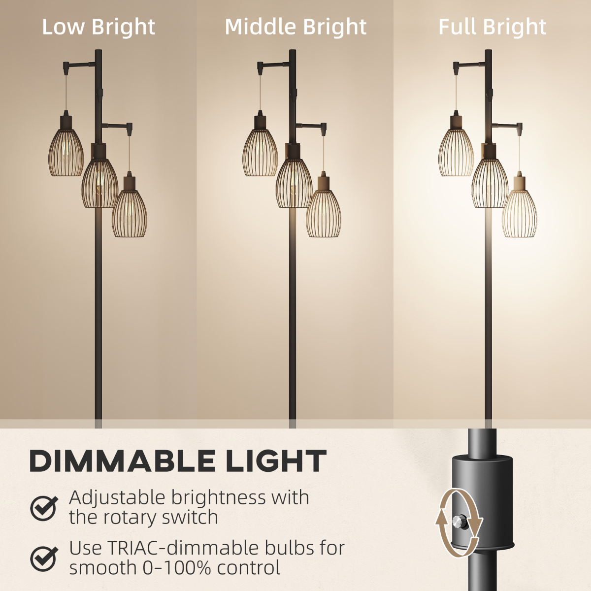 HOMCOM Industrial 3-Light Dimmable Floor Lamp, Black, 2700K