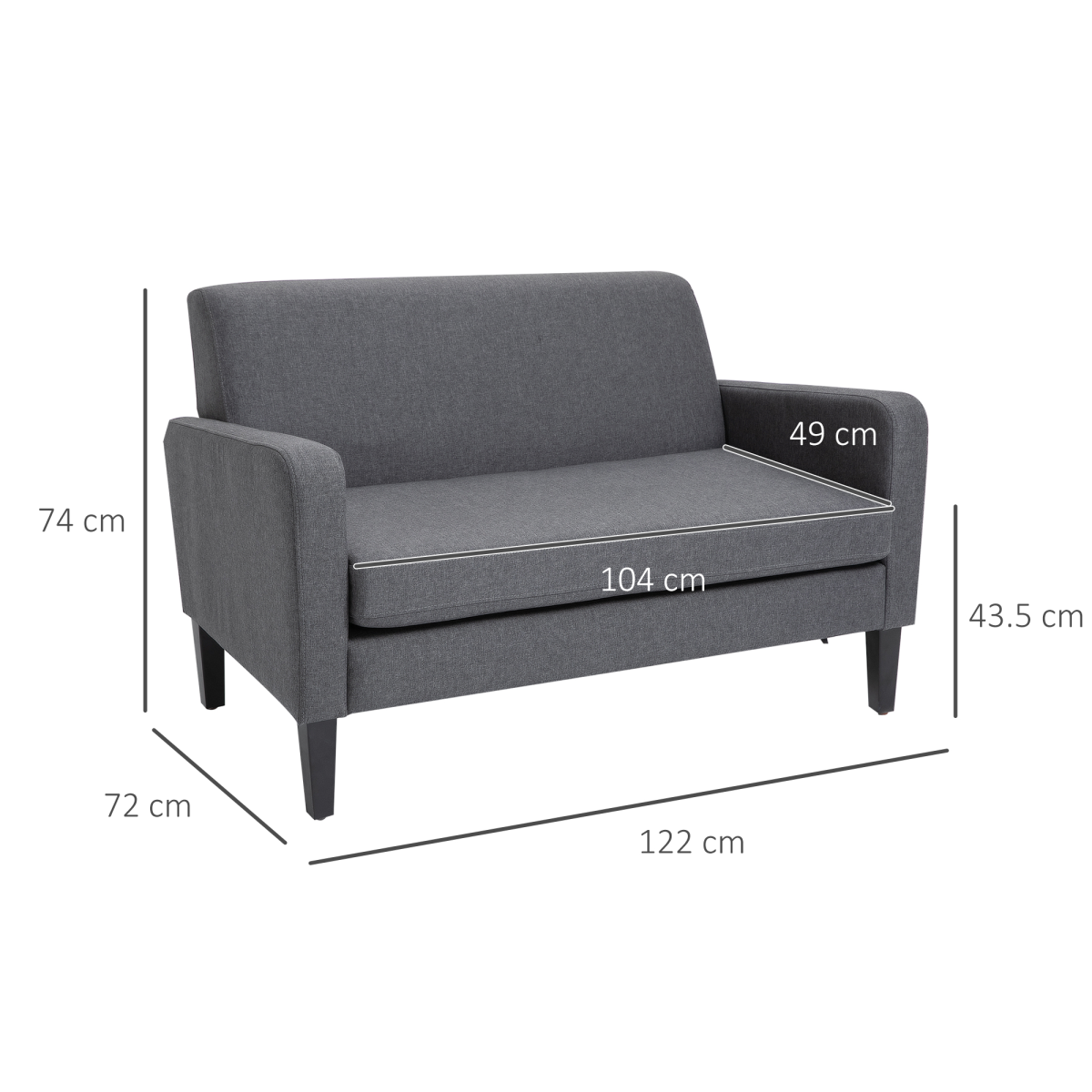 HOMCOM Grey Linen-Look 2-Seater Loveseat with Curved Arms, Slanted Back, Thick Cushion, Wood Legs