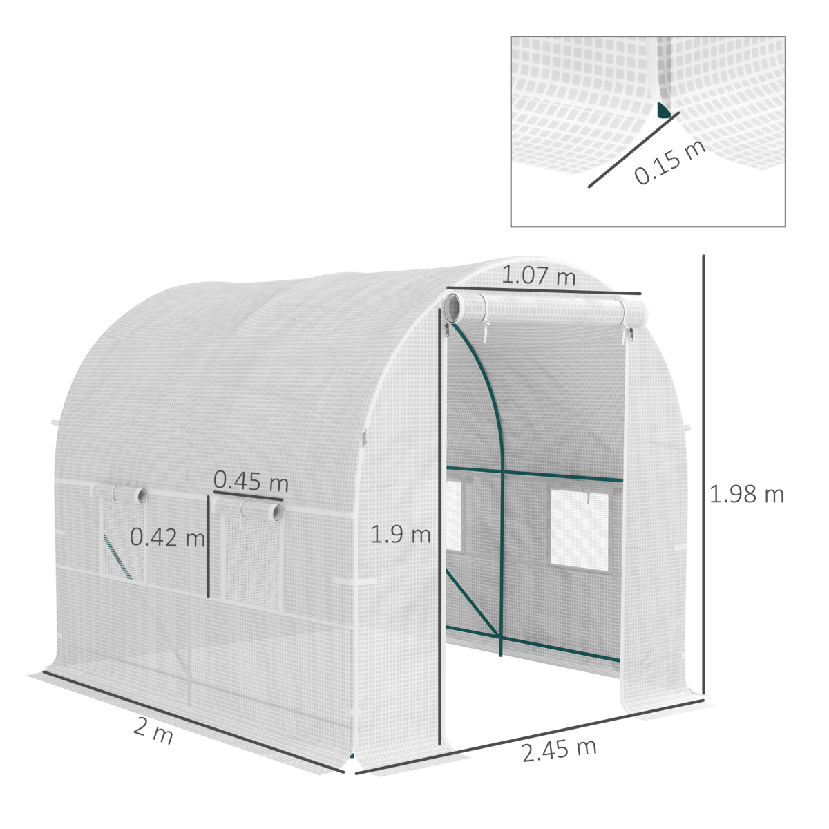 Outsunny Polytunnel Greenhouse Outdoor Grow House with Roll-Up Door and Windows 200 x 245 x 198 cm
