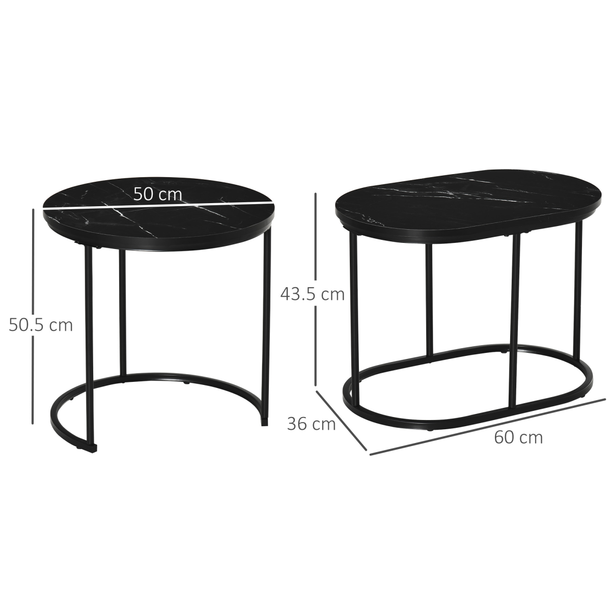 HOMCOM 2-Piece Faux Marble Round & Oval Side Tables, Black