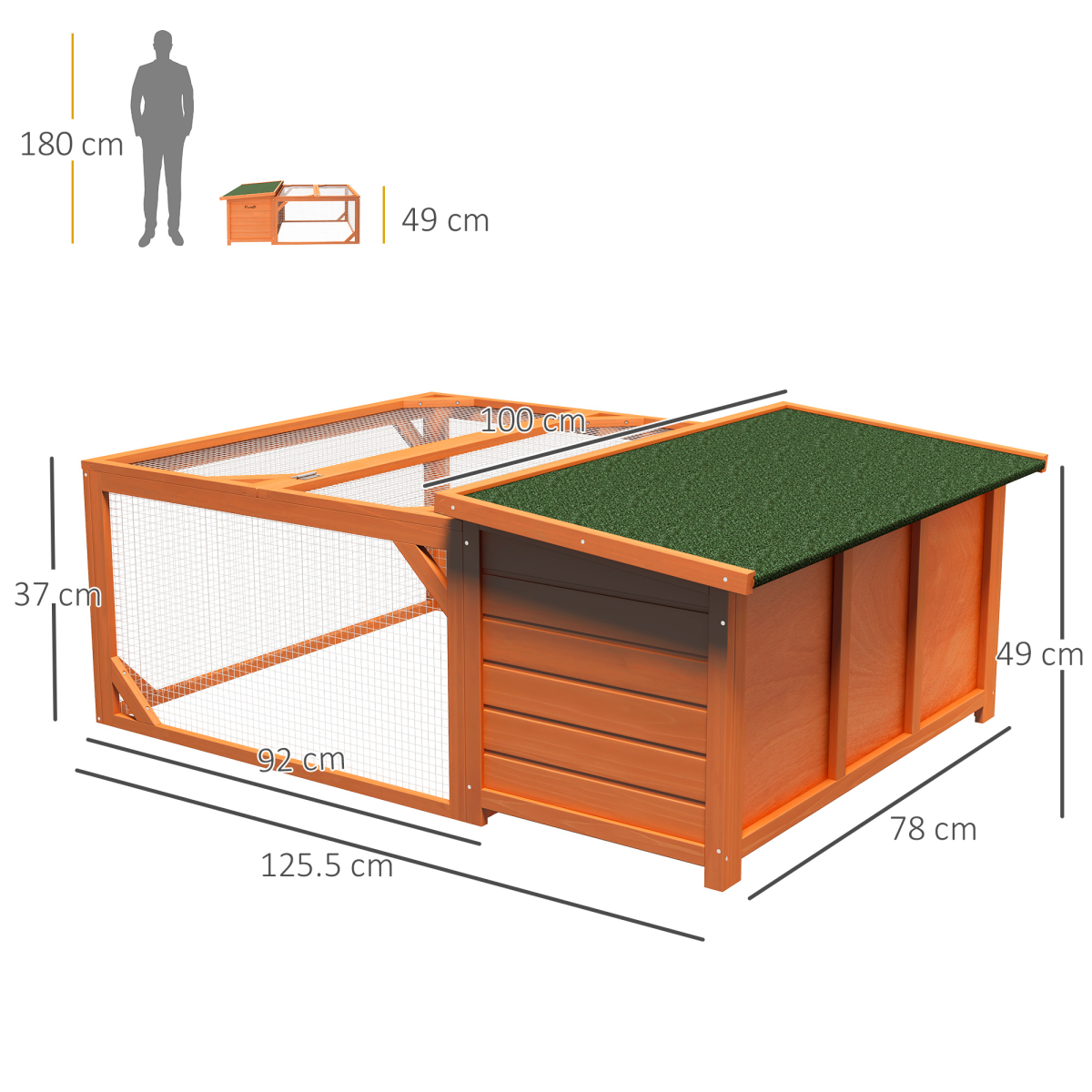 Wooden Rabbit Hutch with Run for Small Animals, 125.5 x 100 x 49 cm