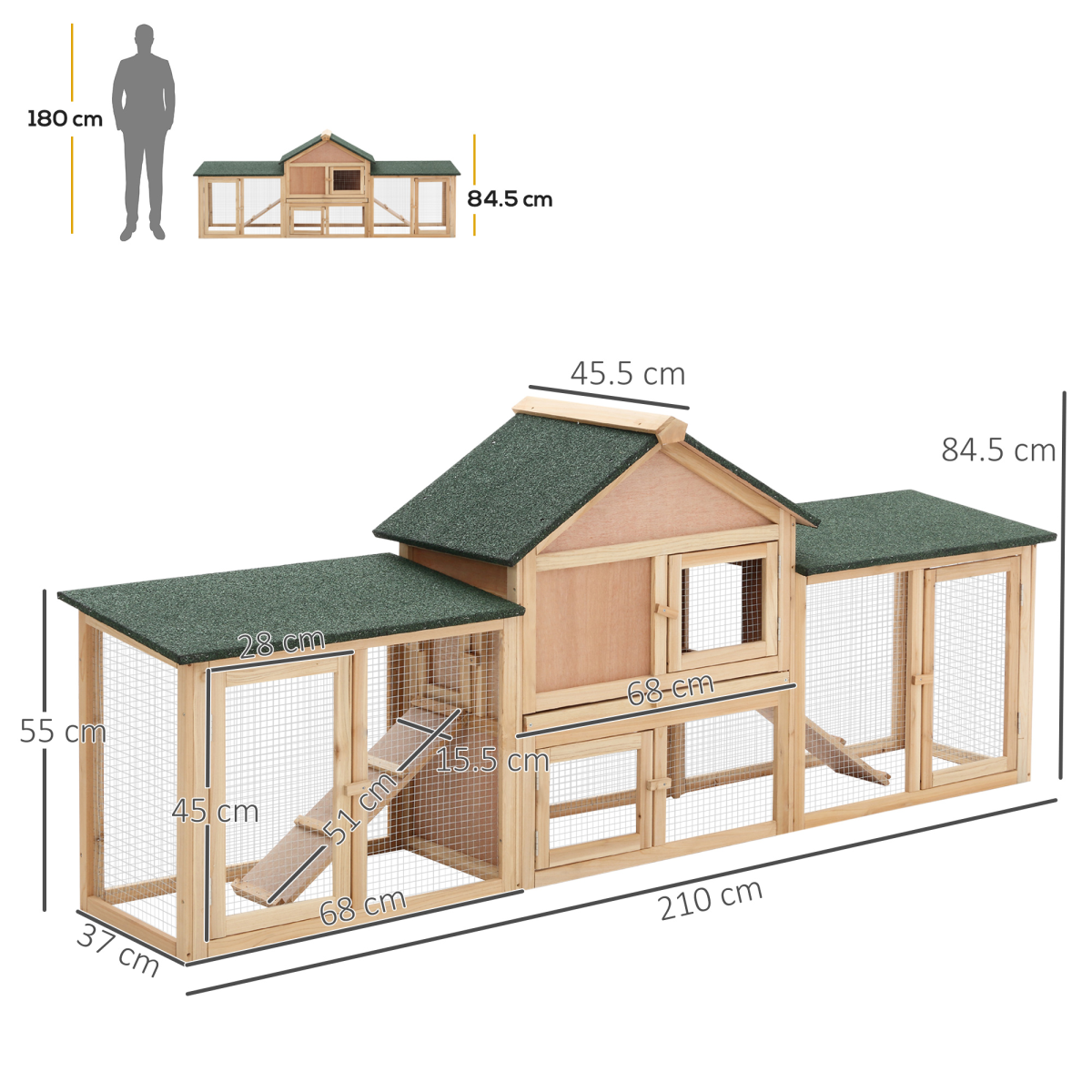 Wooden Indoor Rabbit Hutch House-Style Cage with Run Area