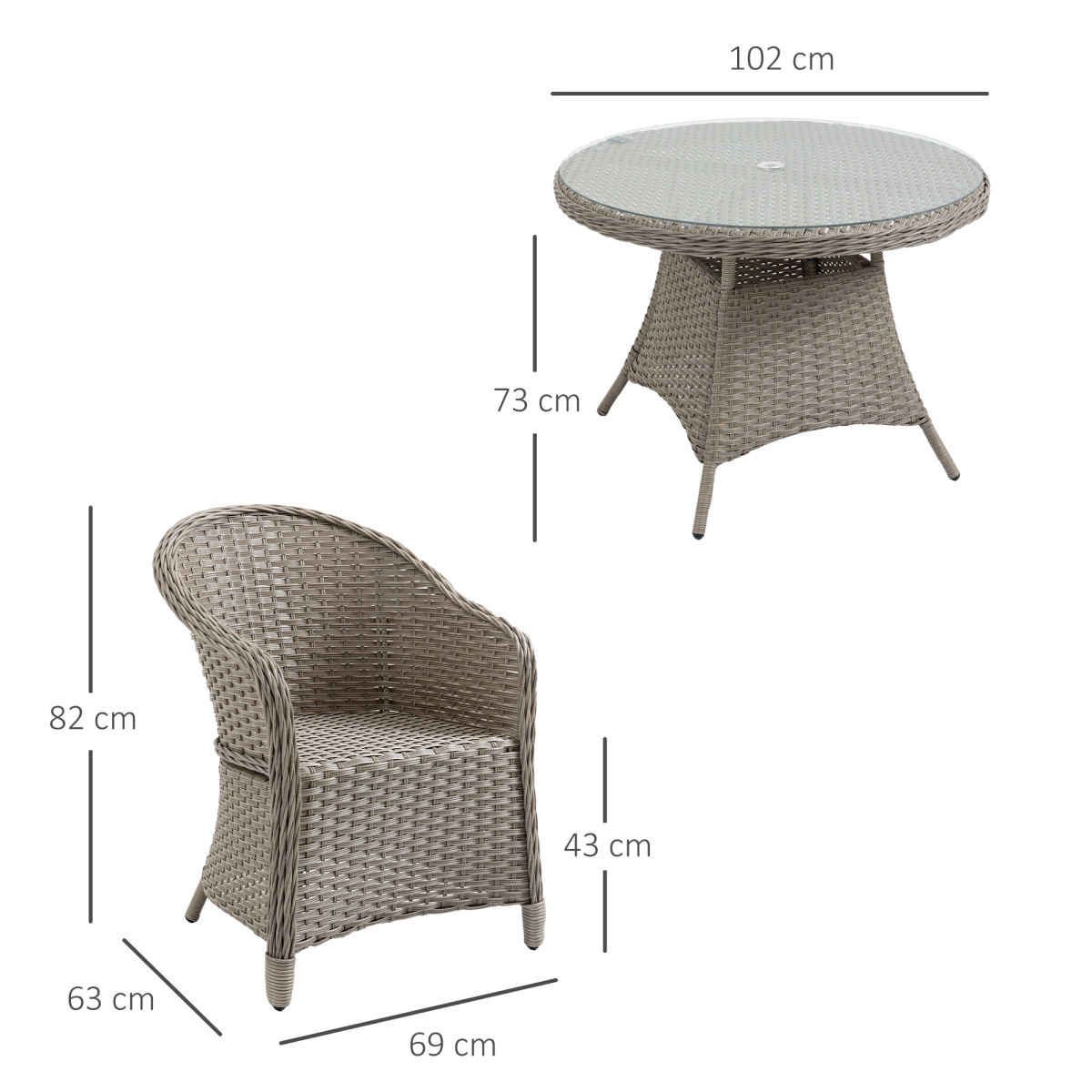 Outsunny 5-Piece Outdoor Patio PE Rattan Dining Set, Four-Seater, Grey, Tempered Glass Table, Cushioned Chairs, Umbrella Hole
