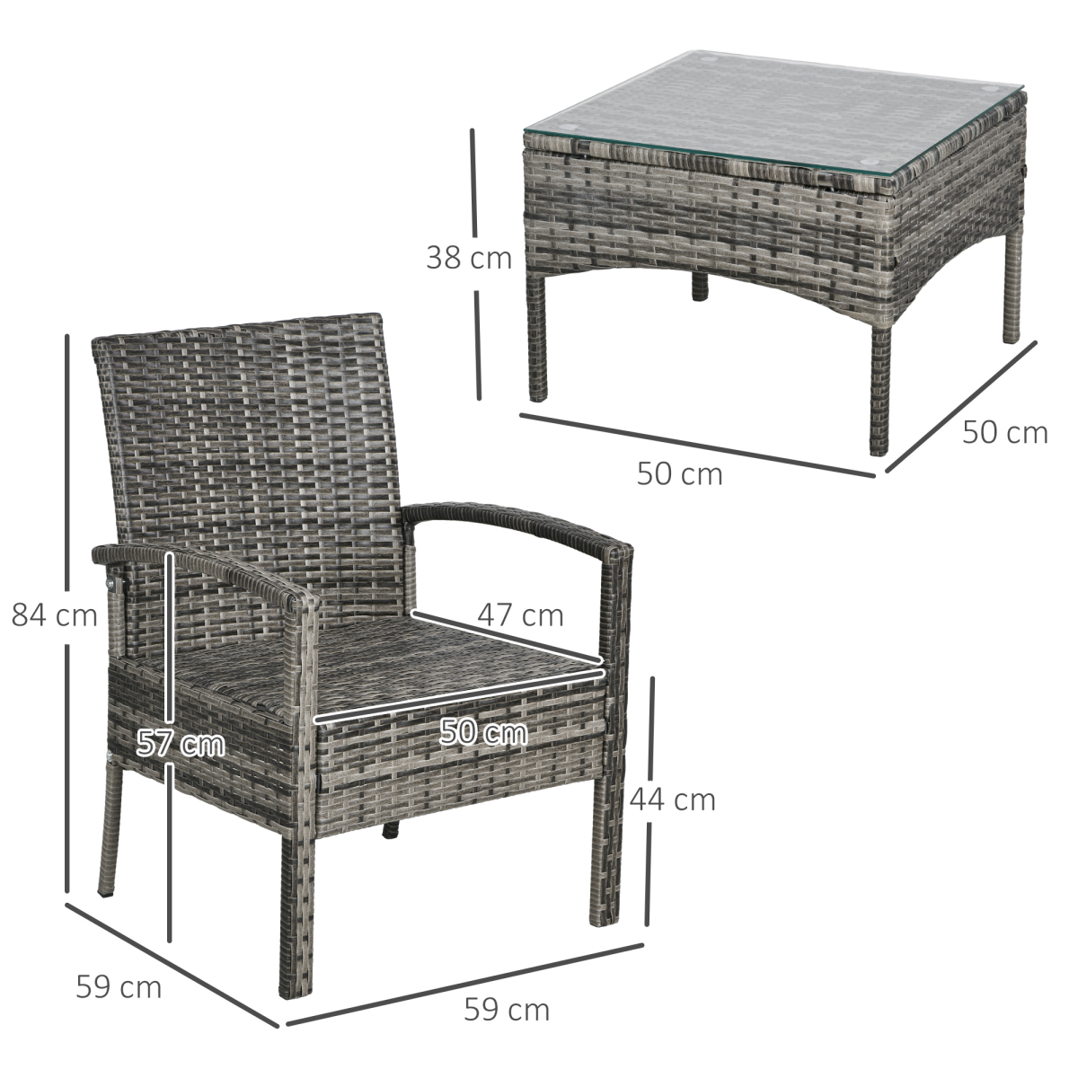 Outsunny 3-Piece Rattan Bistro Set with Cushions and Glass Table