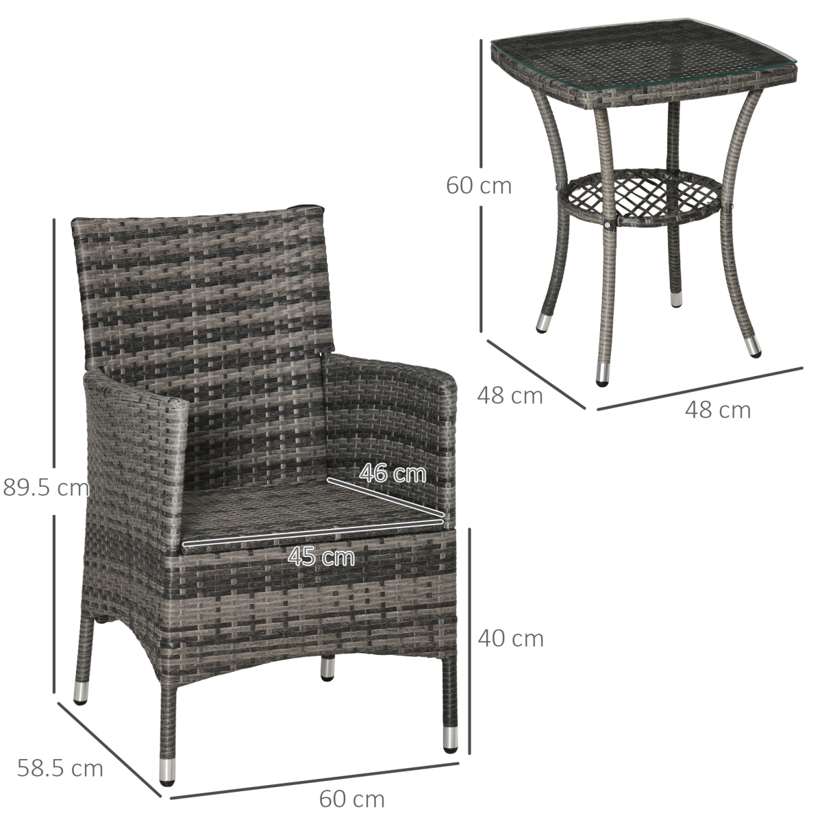 Outsunny 2 Seater Garden Bistro Set with Side Coffee Table, Cushions, Light Grey