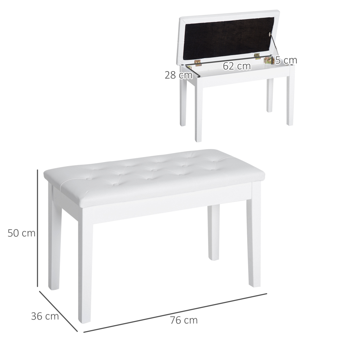 HOMCOM Tufted Piano Bench with Storage, Faux Leather, White