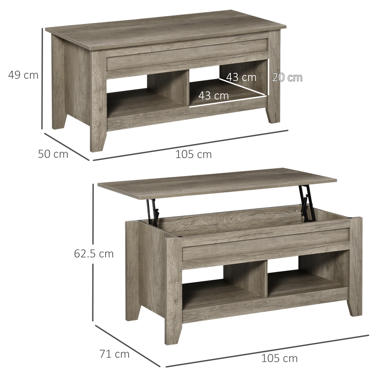 HOMCOM Oak Lift-Top Coffee Table with Hidden Storage and Shelves