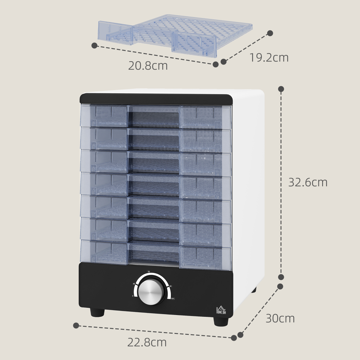 HOMCOM 7-Tray Stainless Steel Food Dehydrator for Fruit & Meat, White