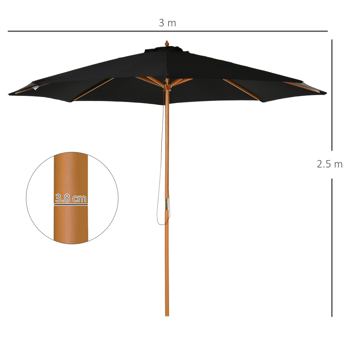 Outsunny Bamboo Wooden Market Patio Umbrella 3 x 2.5 m, Polyester Canopy, Adjustable Angle, Pulley Open and Close, Base Not Included