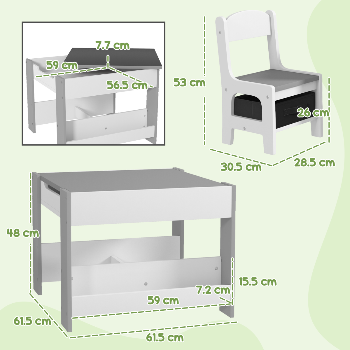 HOMCOM 3-Piece Kids Table and 2 Chairs Set with Storage, Grey