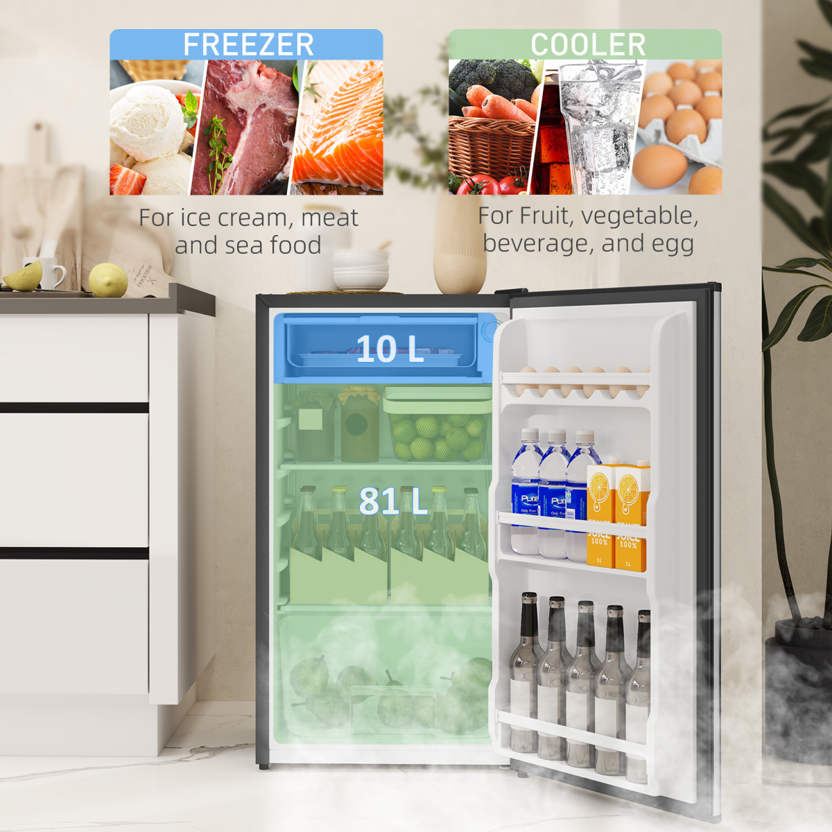 HOMCOM 91L Freestanding Under Counter Fridge, Silver Tone