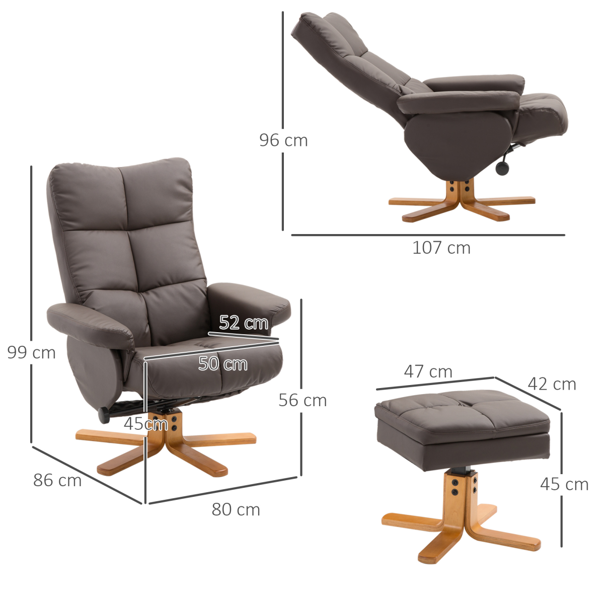 Brown Faux Leather Recliner Chair Set with Ottoman Storage