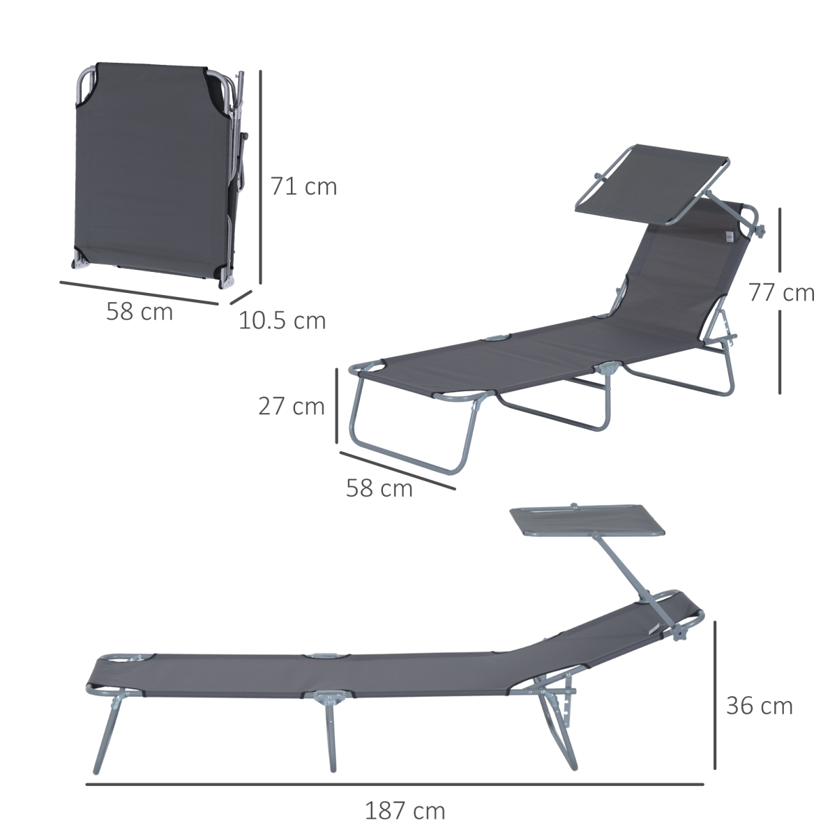Outsunny Folding Sun Lounger Recliner with Adjustable Awning, Grey