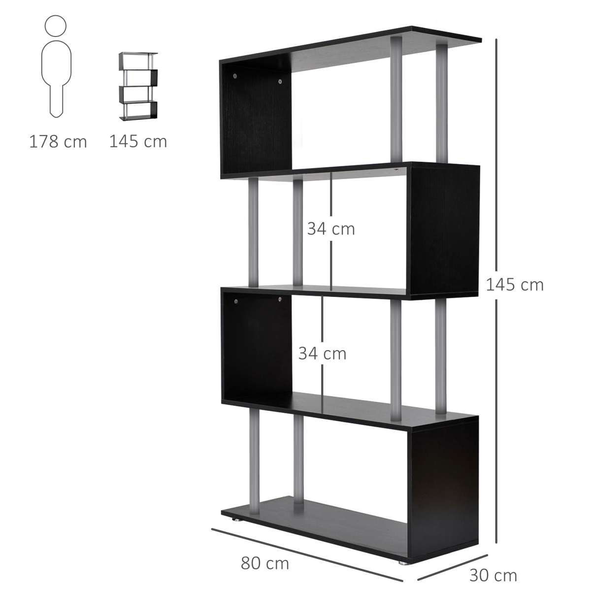 HOMCOM Modern S-Shaped Wooden Bookshelf Room Divider Storage Display Unit Black