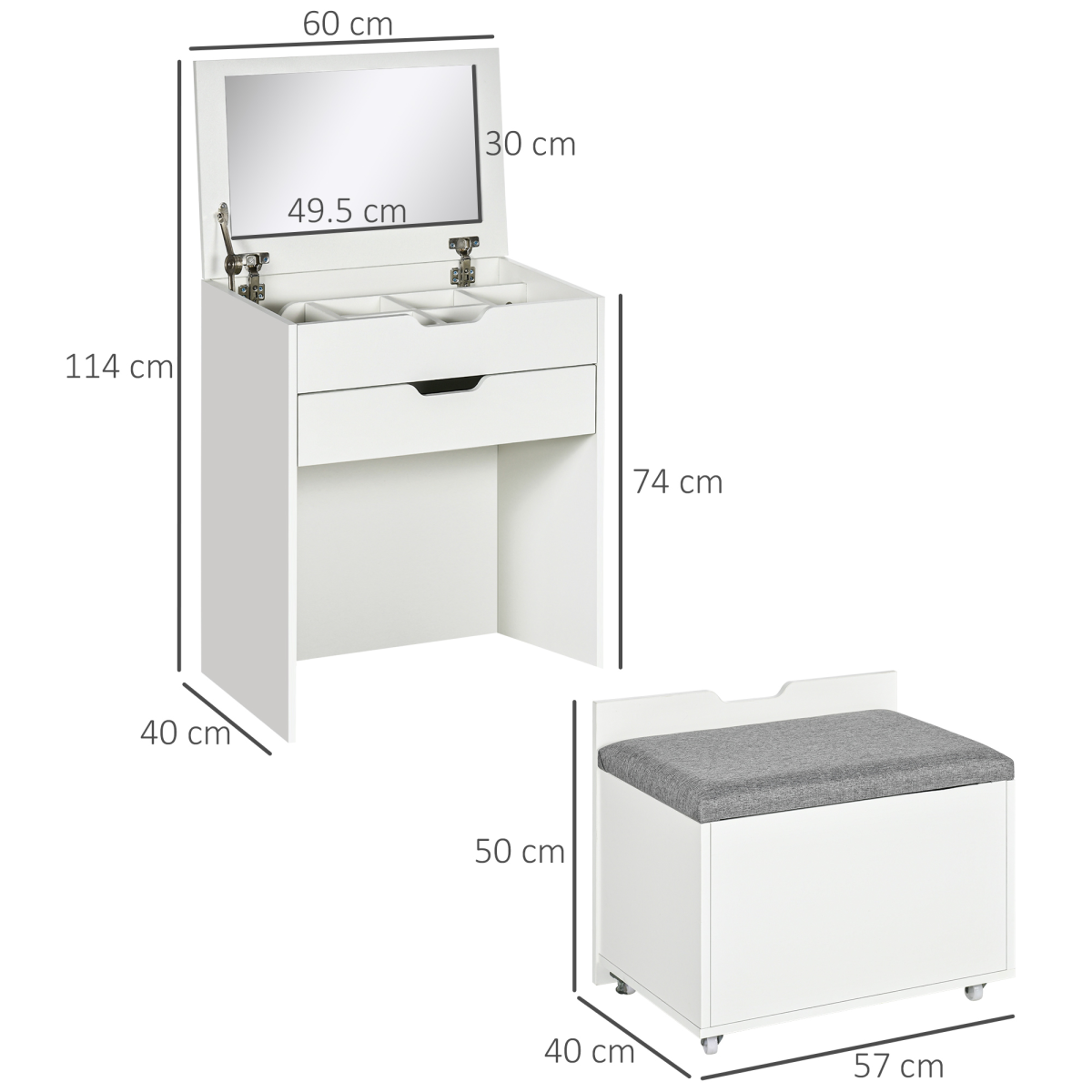 White Dressing Table Set with Flip-Up Mirror, Stool and Drawer