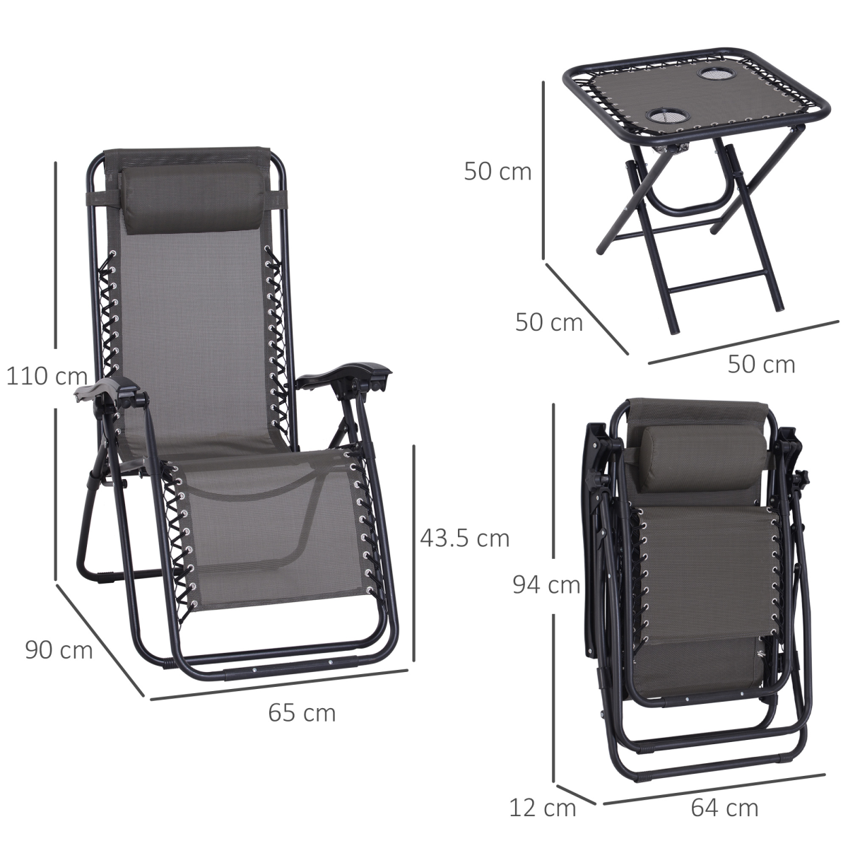 3-Piece Zero Gravity Sun Lounger Set with Side Table and Cup Holders, Dark Grey