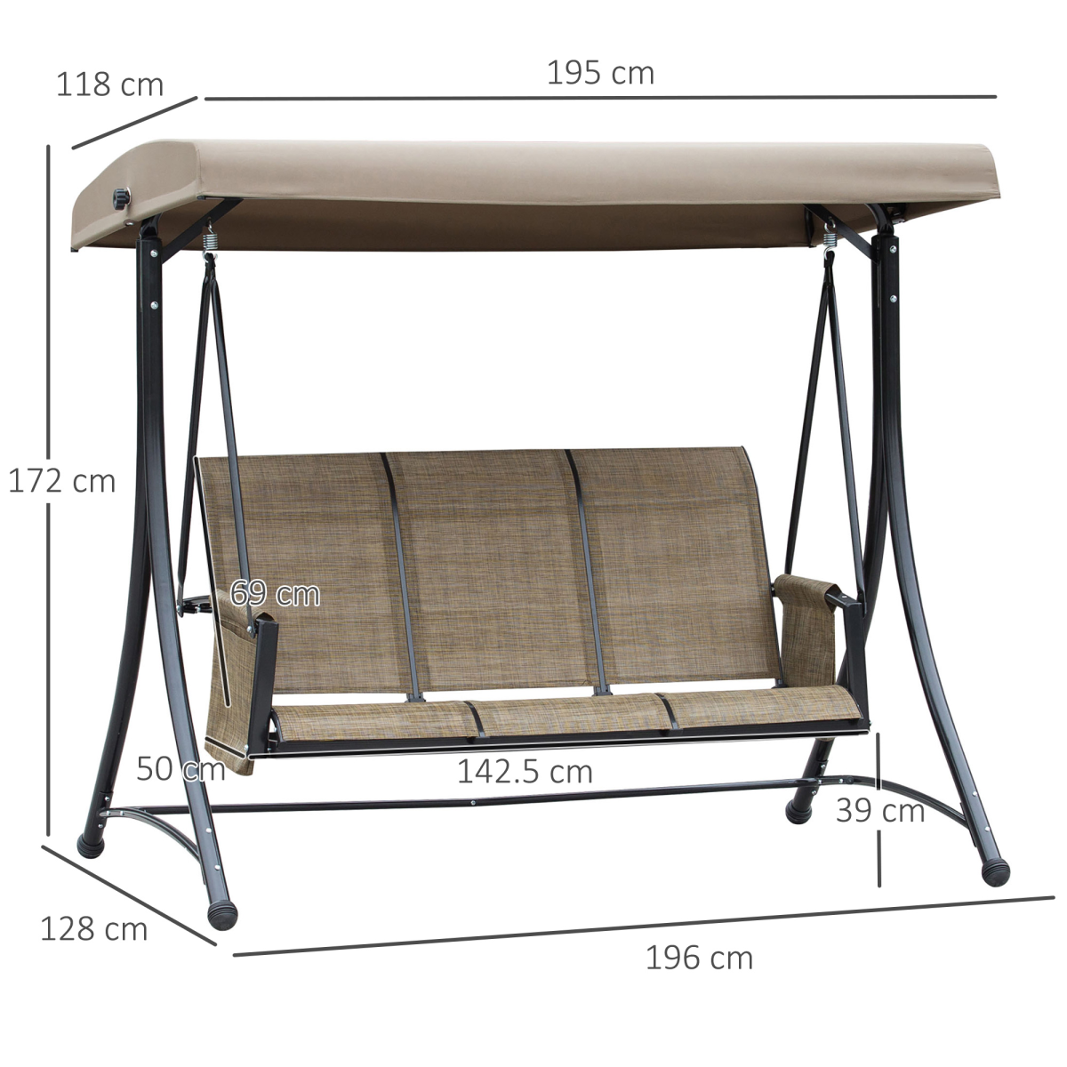 Outsunny 3-Person Swing Chair with Adjustable Canopy, Side Pockets and High Back, Brown