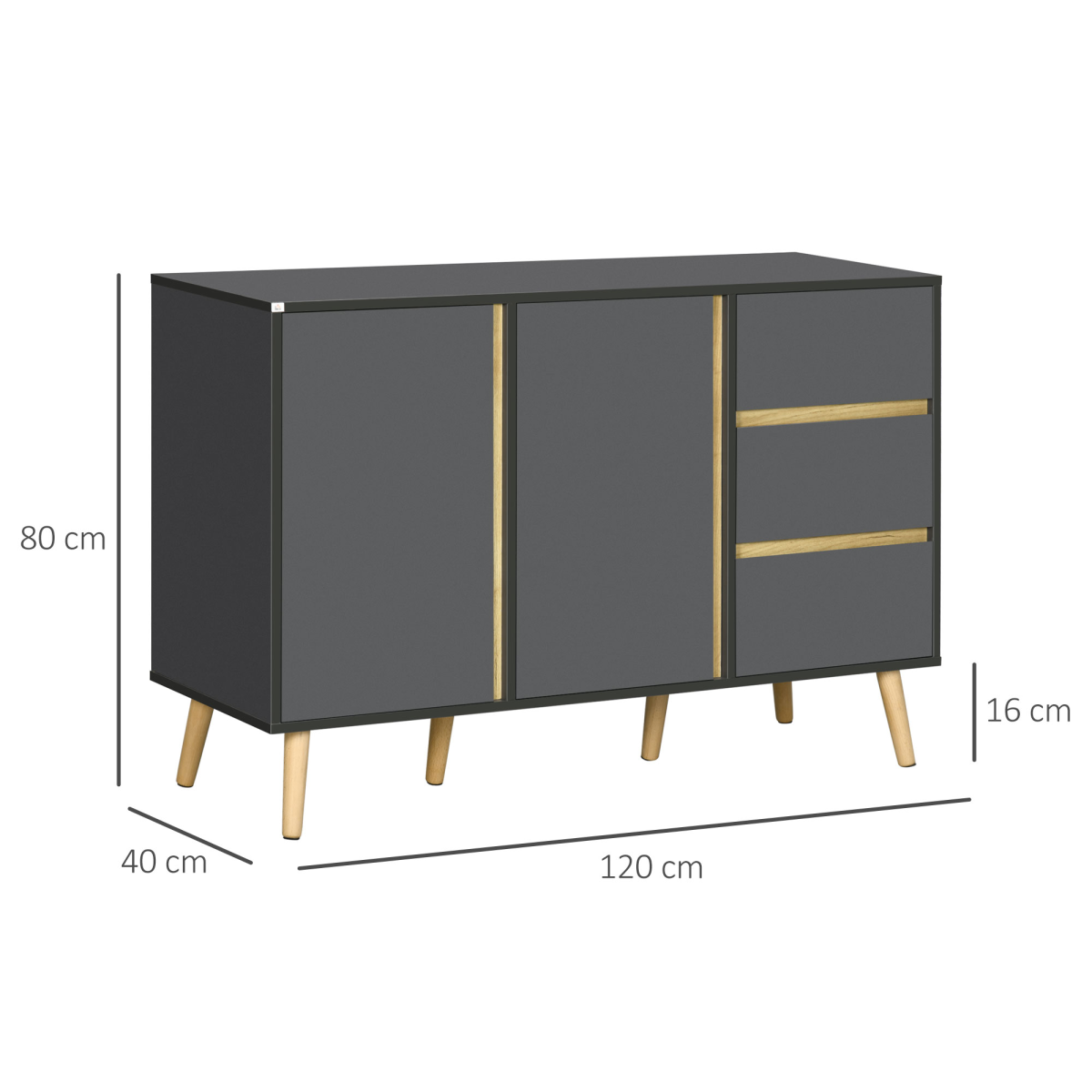 HOMCOM Dark Grey Sideboard with 3 Drawers and 2 Cupboards, Adjustable Shelves