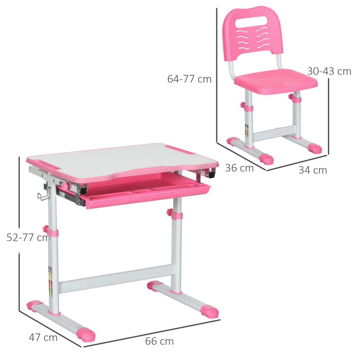 HOMCOM Kids Height Adjustable Desk and Chair Set with Drawer