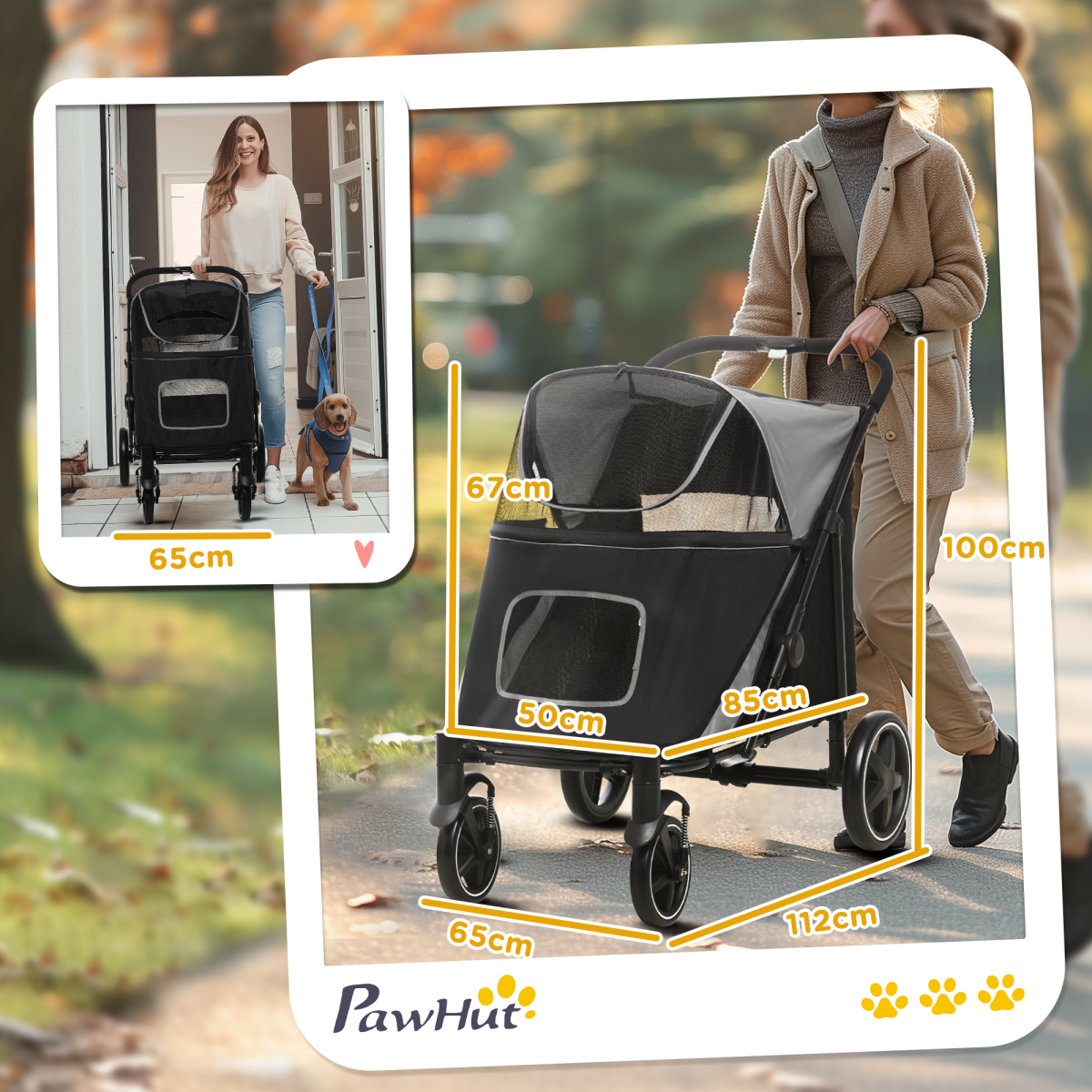 PawHut Foldable Dog Pram with Universal Front EVA Wheels, Safety Leashes, Steel Frame, Grey and Black