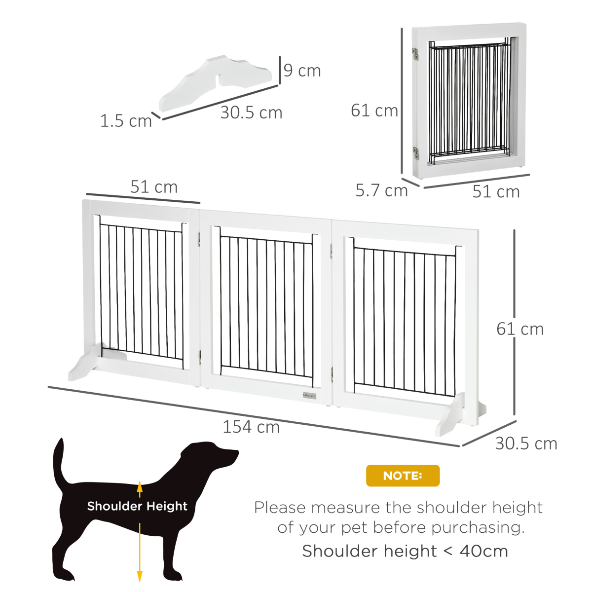 PawHut Foldable Freestanding Dog Gate, 3-Panel MDF and Steel Pet Barrier with 2 Support Feet