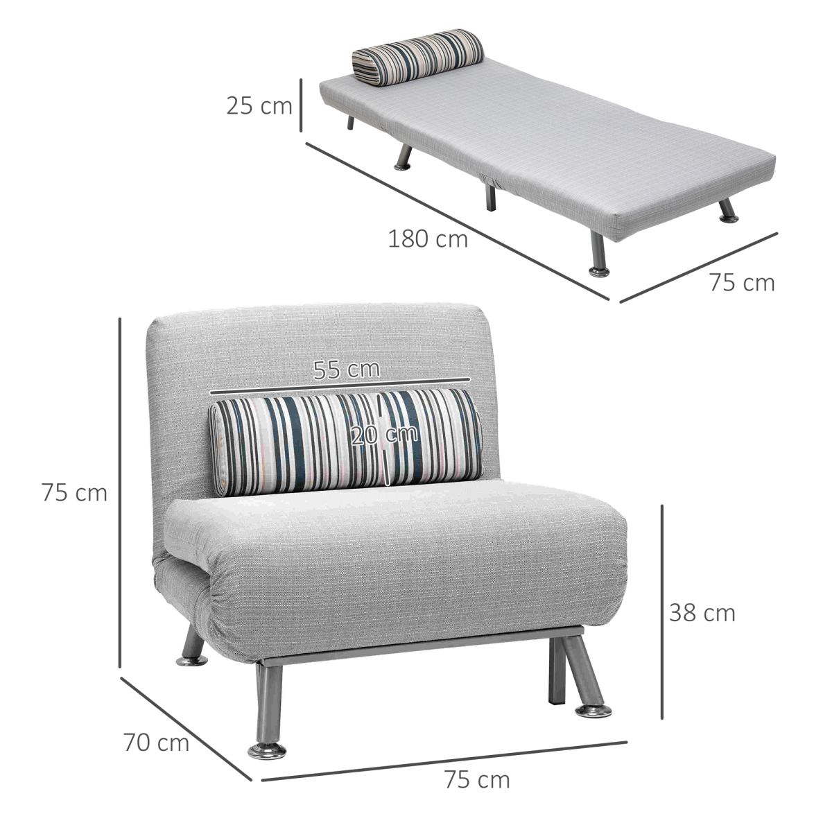 Single Sofa Bed Folding Chair Bed with 5-Position Adjustable Back, Steel Frame, Pillow, Grey/Silver