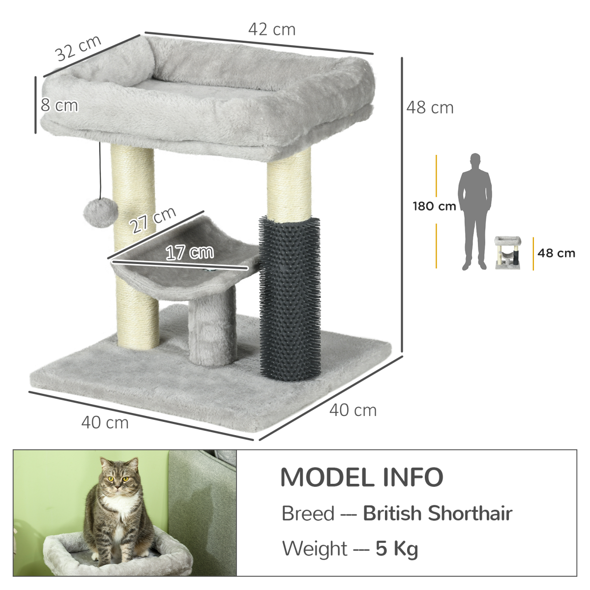PawHut Small Cat Tree Tower with Bed, Perch, Scratching Posts, Self-Groomer & Toy