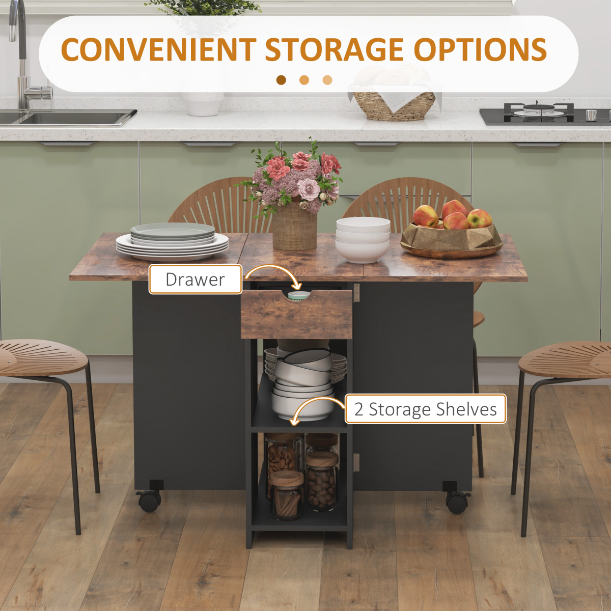Expandable Drop Leaf Dining Table with Storage, Seats 4, Rustic Brown