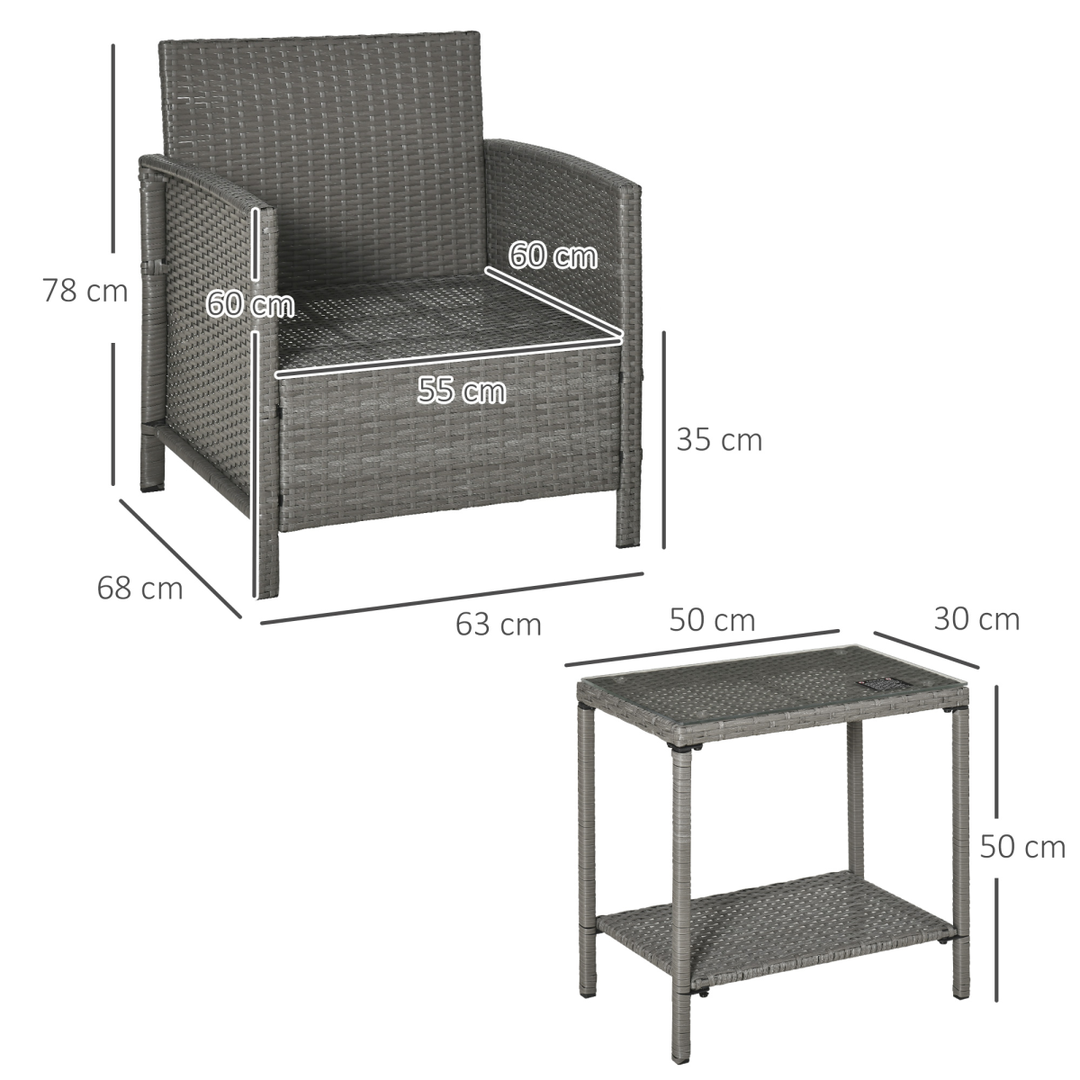 Outsunny Rattan Patio Bistro Set with Cushion Pillow and Coffee Table