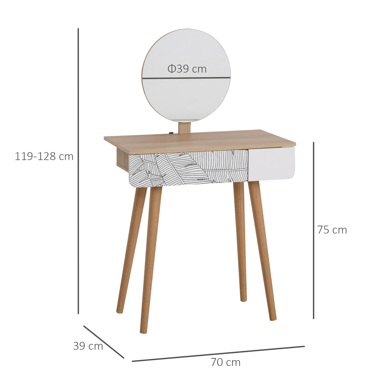 HOMCOM Solid Wood Nordic Dressing Table with Adjustable Round Mirror and Pull-Out Drawer