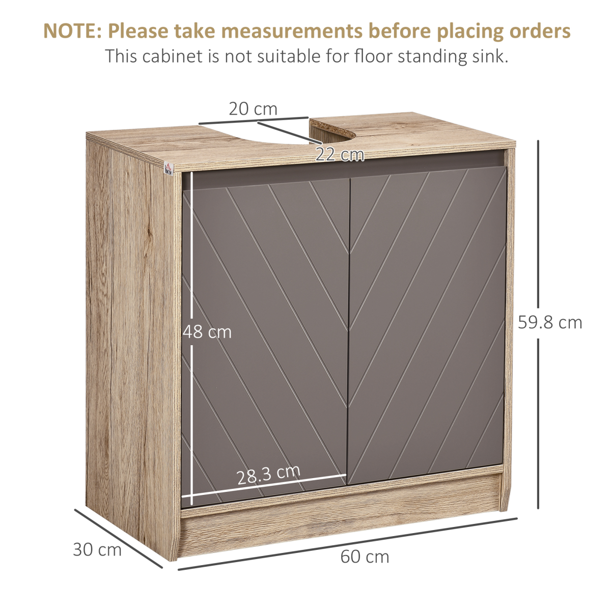 60cm Under-Sink Bathroom Storage Cabinet with Adjustable Shelf, 2 Doors, Brown