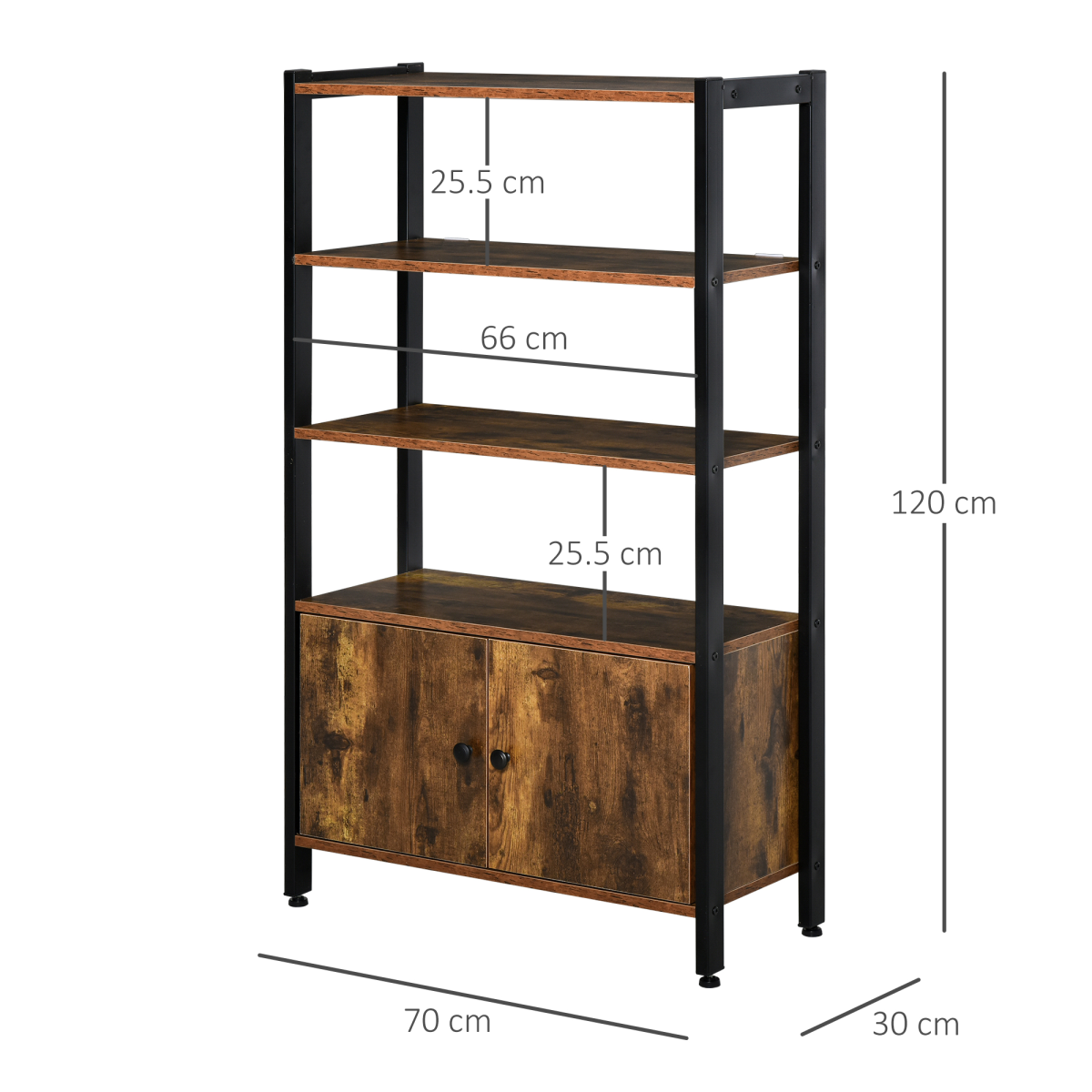 Industrial 3-Shelf Bookcase with Cupboard, Brown and Black