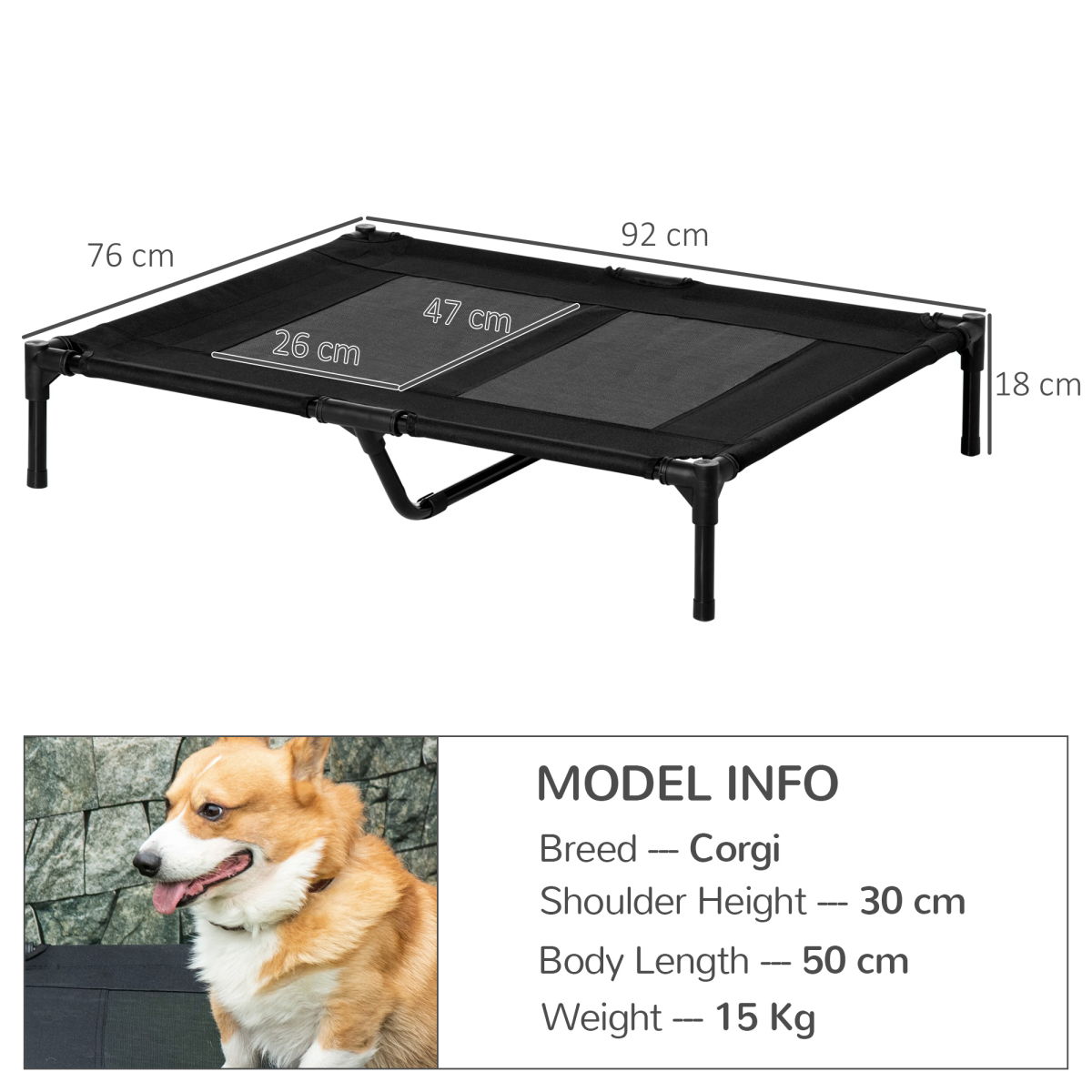 PawHut Large Elevated Pet Cot Bed, Portable Dog Cat Sleep Bed, Outdoor Camping, Black