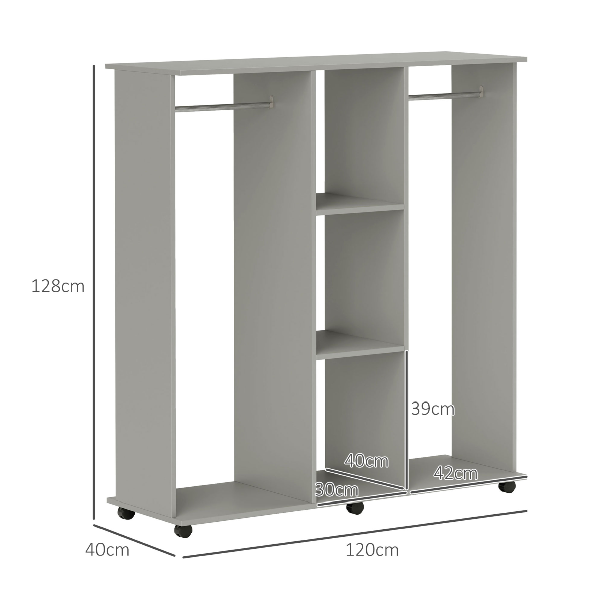 HOMCOM Mobile Double Open Wardrobe with Hanging Rails, Grey