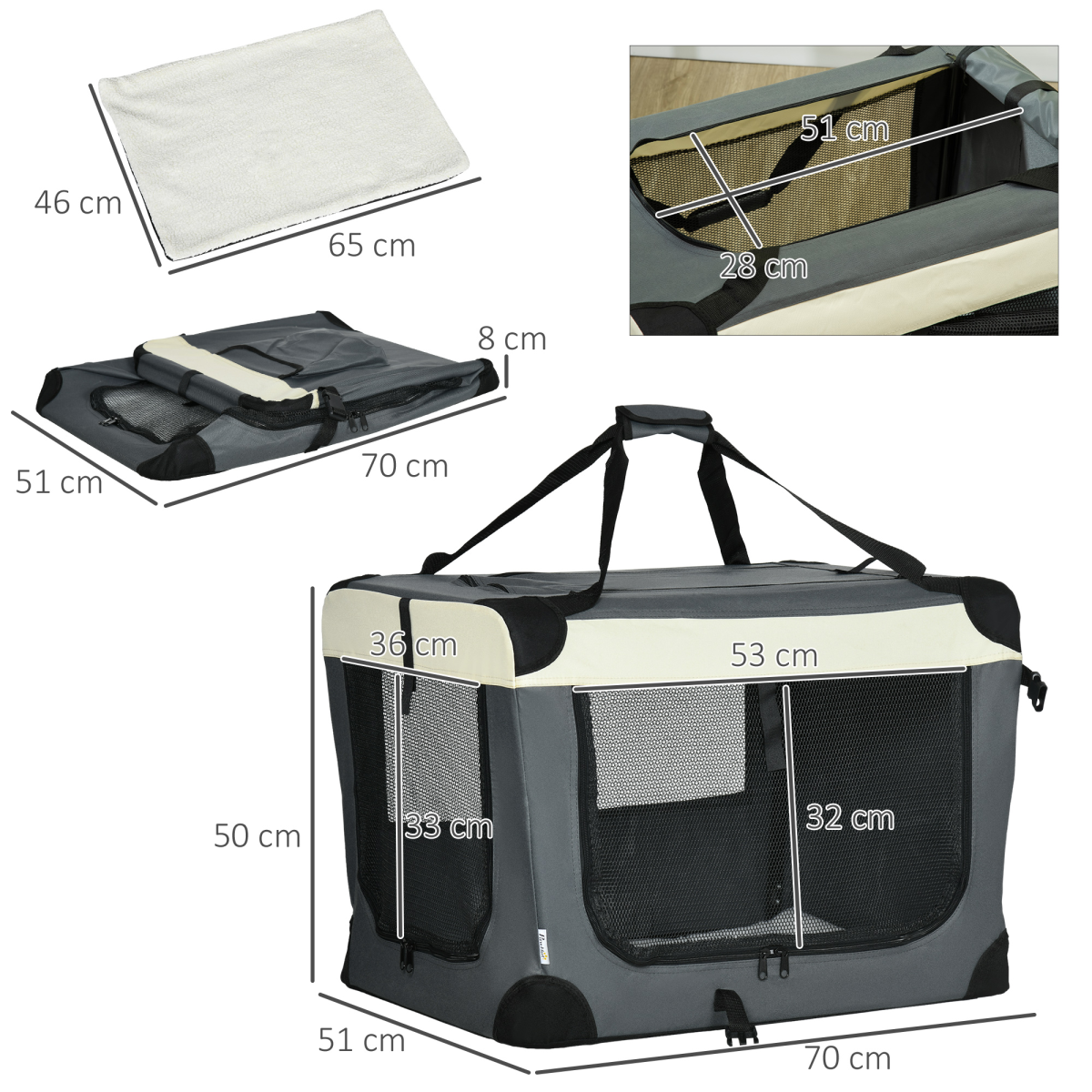 70cm Foldable Pet Carrier with Cushion for Mini Dogs and Cats, Grey