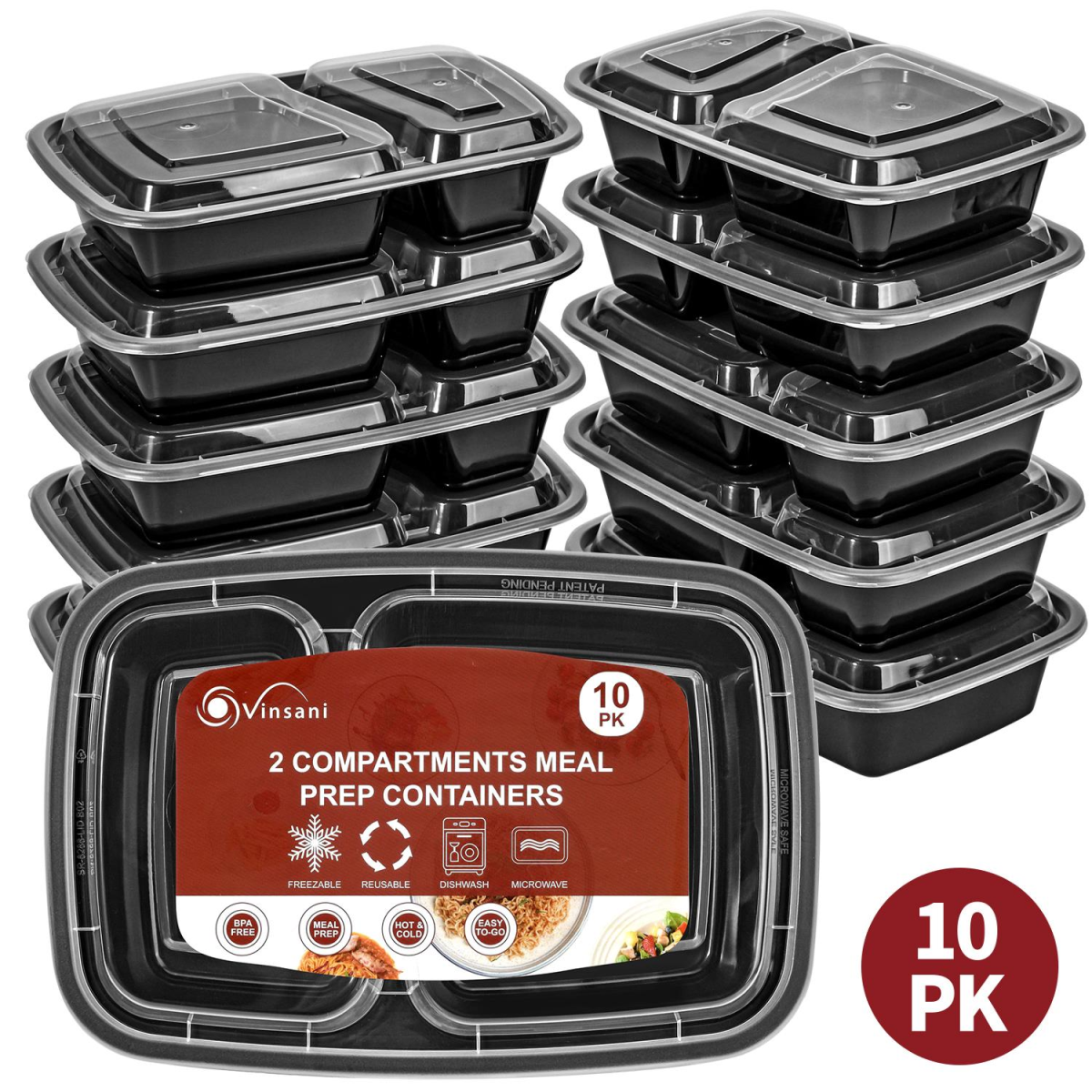 Vinsani 30 Pack 2 Compartment Meal Prep Containers, 30 oz, BPA-Free, Microwave, Freezer and Dishwasher Safe