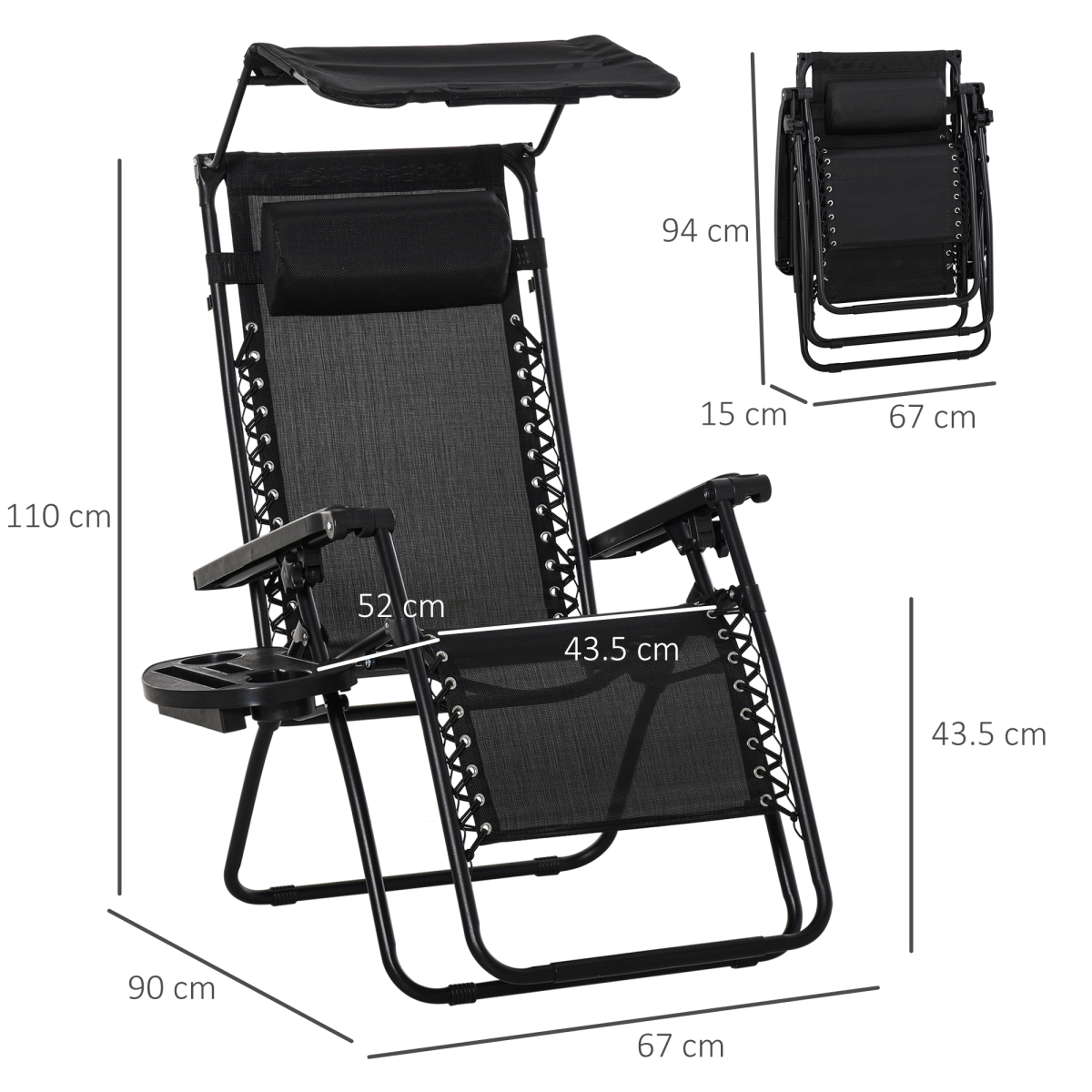 Outsunny Zero Gravity Folding Sun Lounger with Reclining Seat, Canopy and Removable Side Tray Holder, Black
