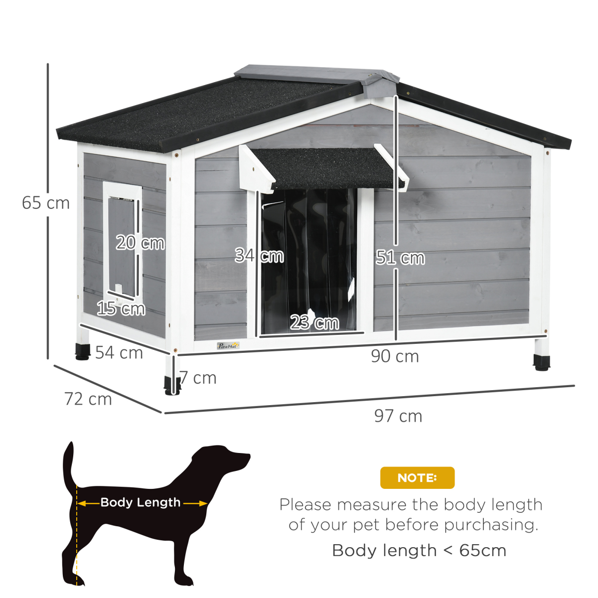 PawHut Outdoor Wooden Dog Kennel with Asphalt Roof, Grey, 97 x 72 x 65cm