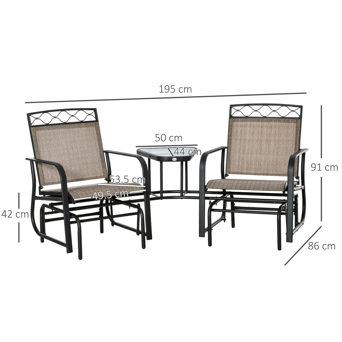 Outsunny 2 Seater Patio Rocking Chairs Set with Tempered Glass Table, Brown