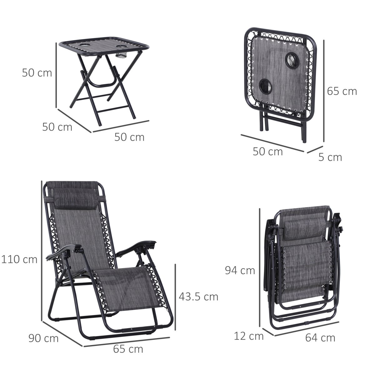 3-Piece Zero Gravity Garden Recliner Set with Side Table and Cup Holders, Light Grey