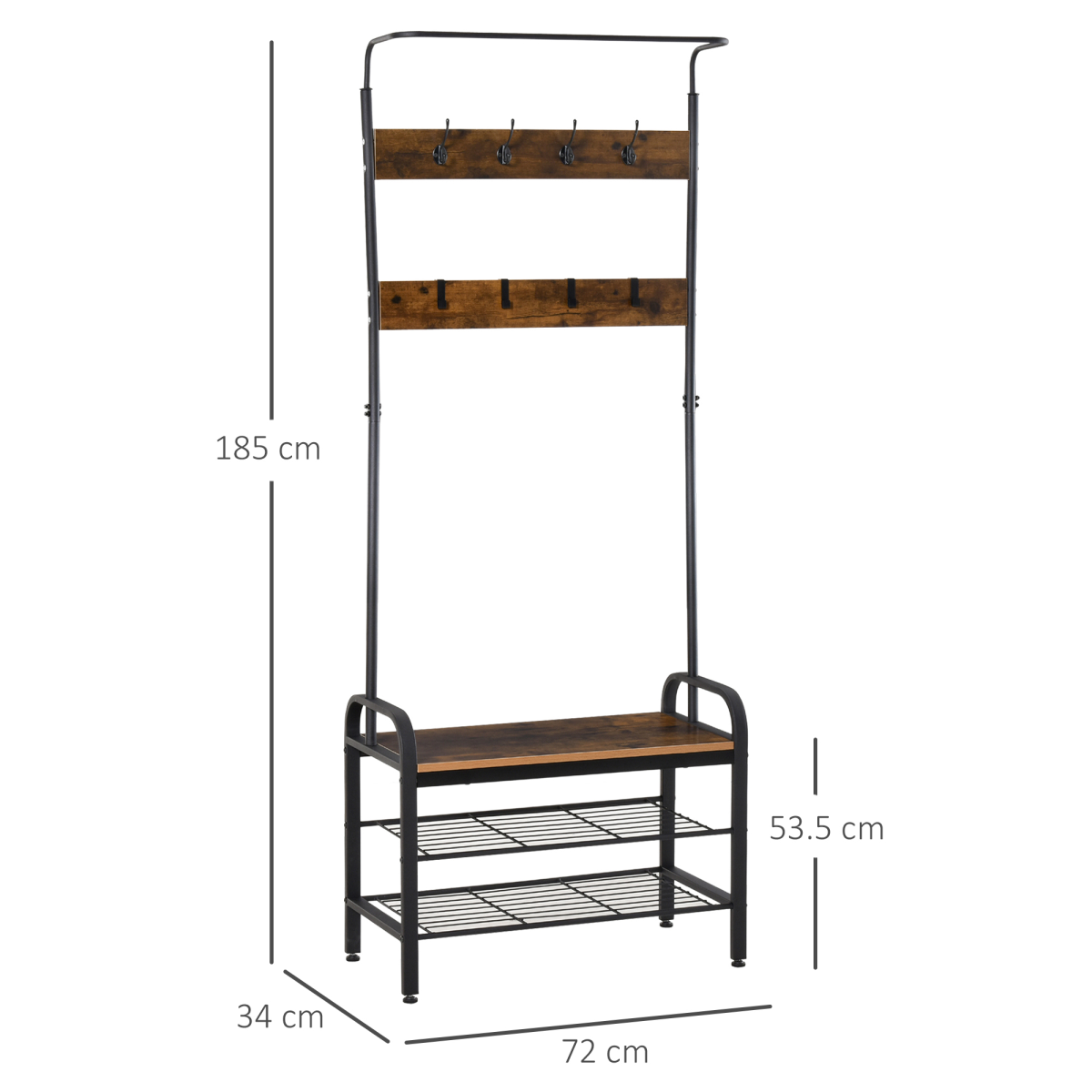 Vintage-Style Coat Rack Stand with 8 Hooks and Shelf, Brown