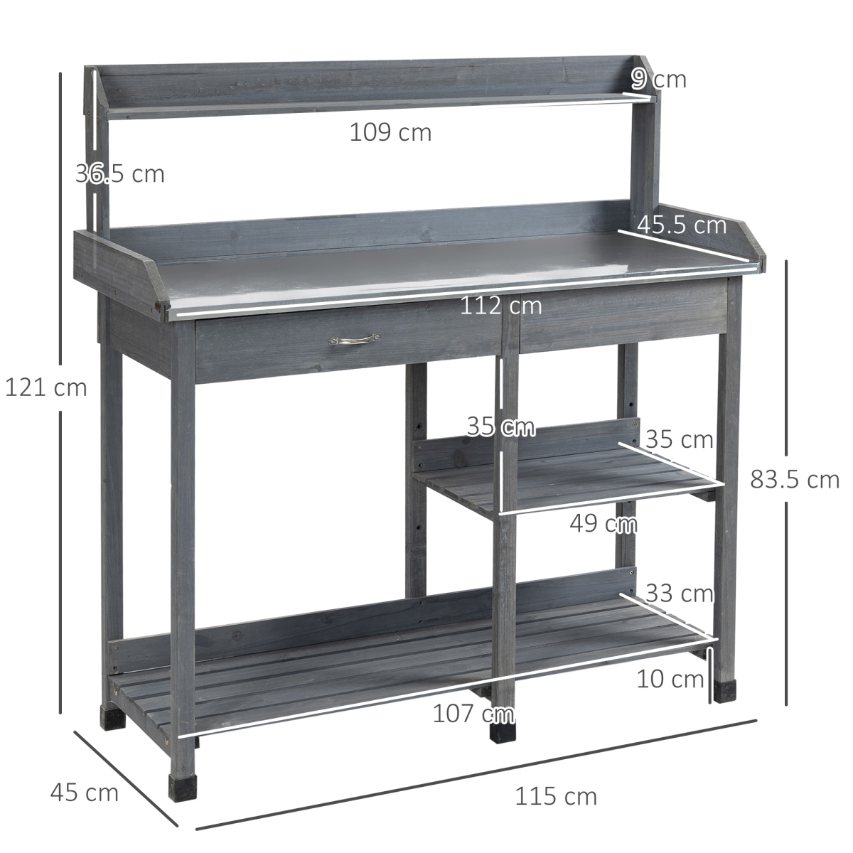 Outsunny Garden Potting Workstation Bench with Galvanized Metal Tabletop, Drawer, Shelves and Tool Hooks