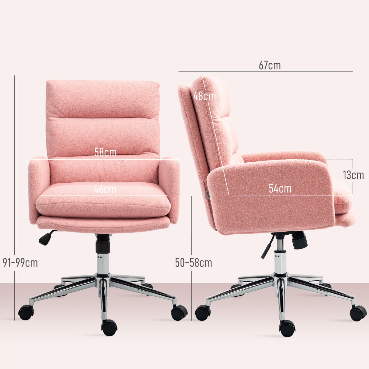 HOMCOM Pink Sherpa Fleece Adjustable Swivel Desk Chair