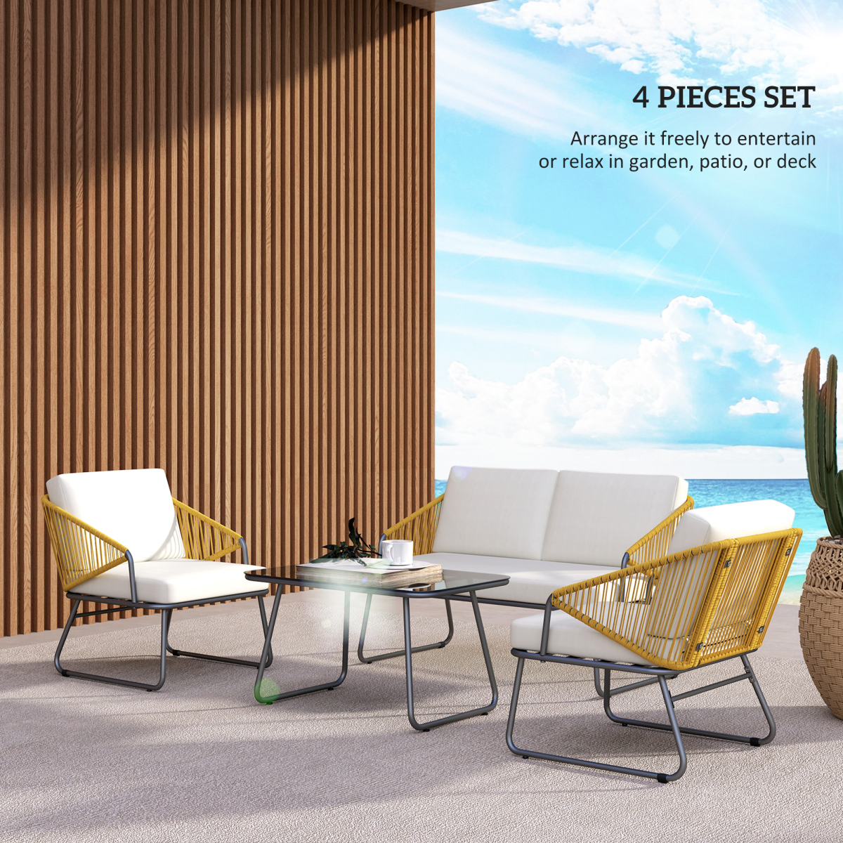 Outsunny 4-Piece Rattan Garden Furniture Set with Cushions, Loveseat, 2 Chairs and Coffee Table, Natural Wood Finish