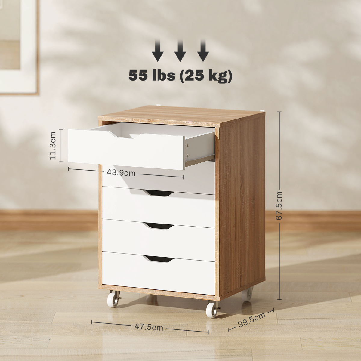 Vinsetto 5-Drawer Mobile File Cabinet with Wheels, Brown