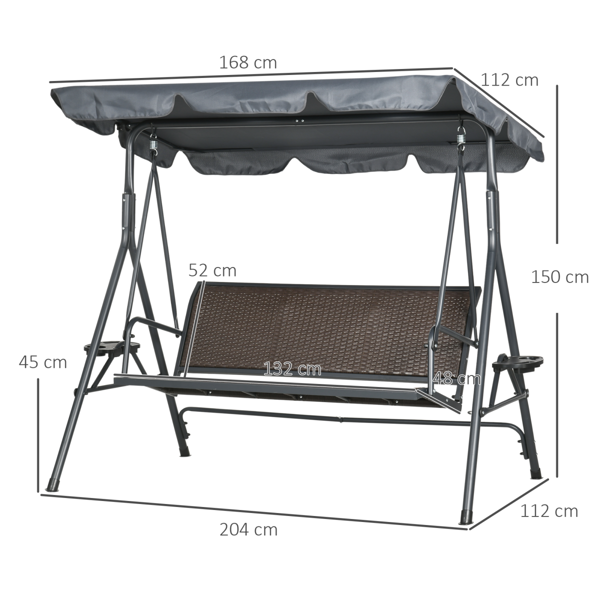 Outsunny 3 Seater Garden Swing Bench with Adjustable Canopy, Rattan Seat
