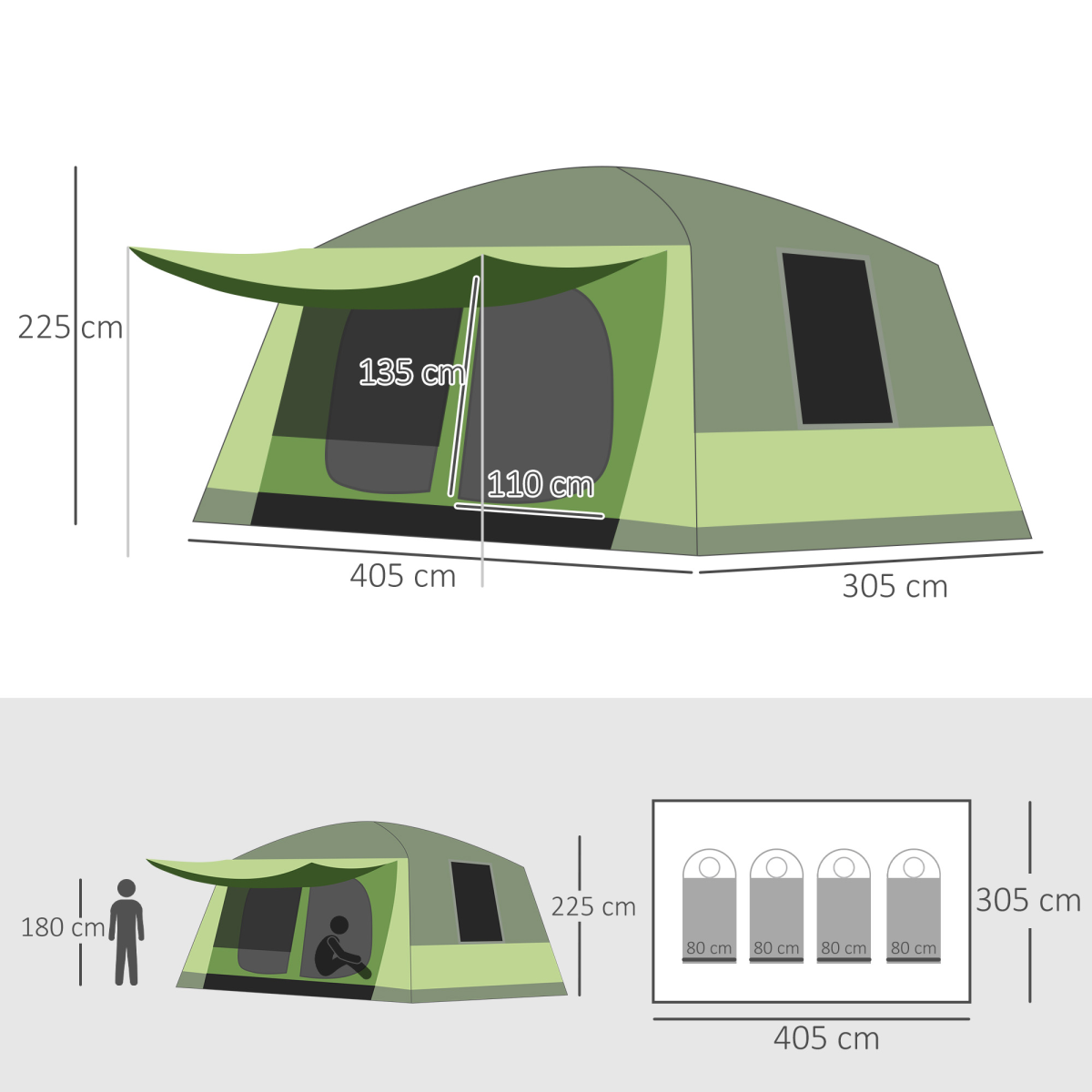 4-8 Person 2-Room Tunnel Camping Tent with Porch & Carry Bag
