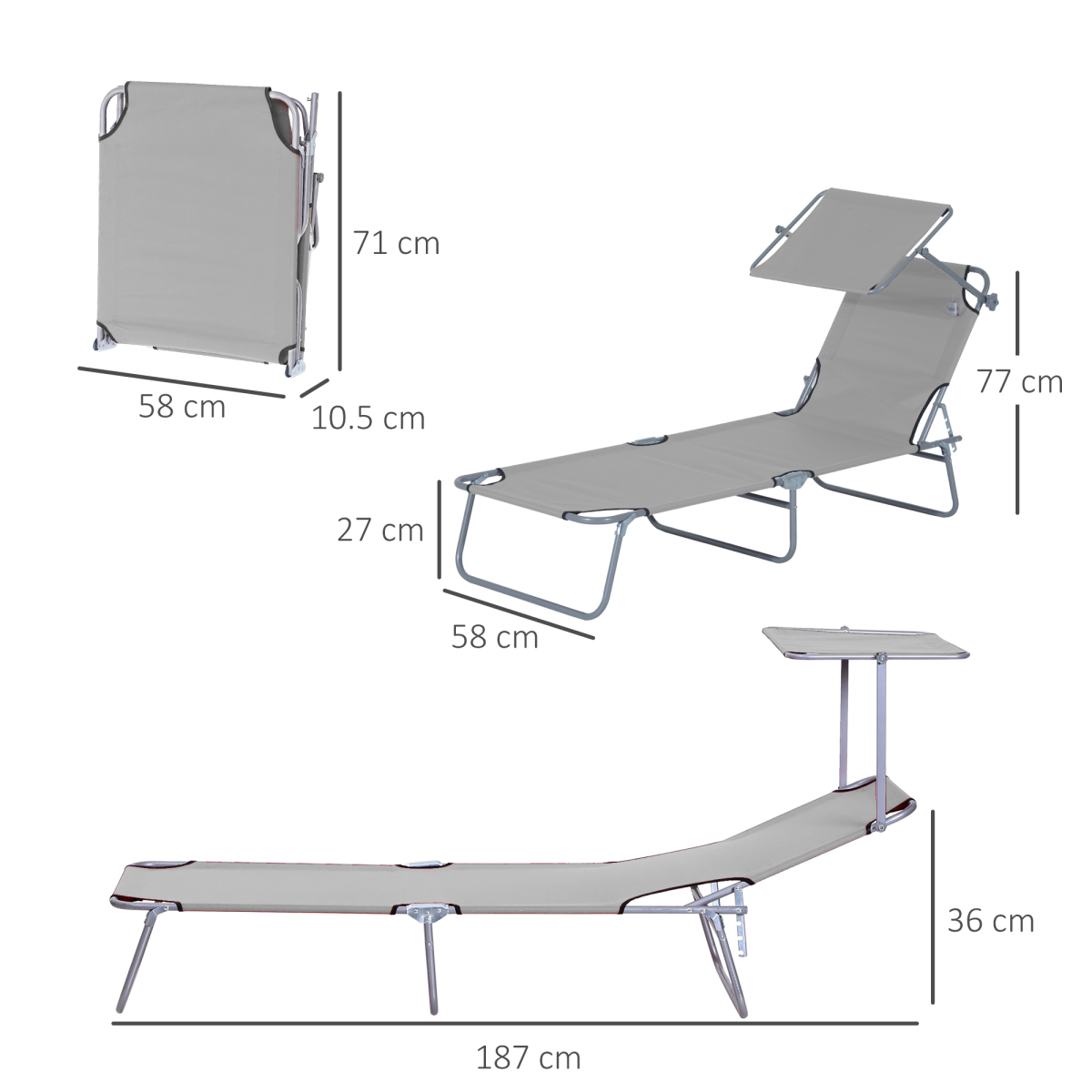 Outsunny Grey Folding Sun Lounger with Adjustable Canopy