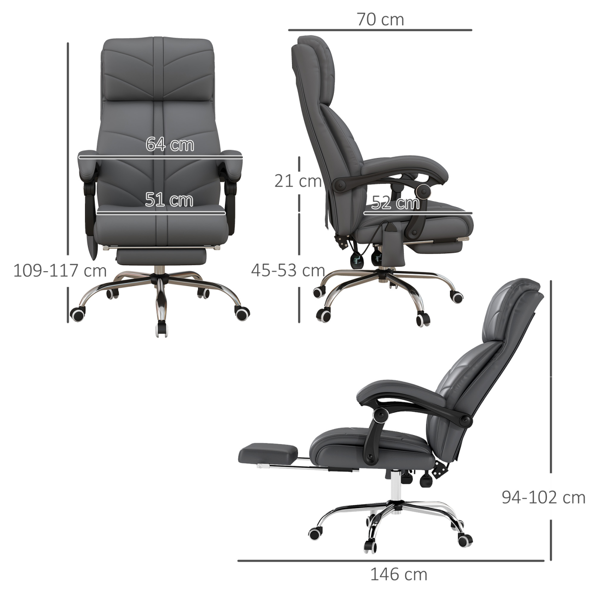Vinsetto PU Leather Vibration Massage Office Chair with Heat, Footrest, Grey