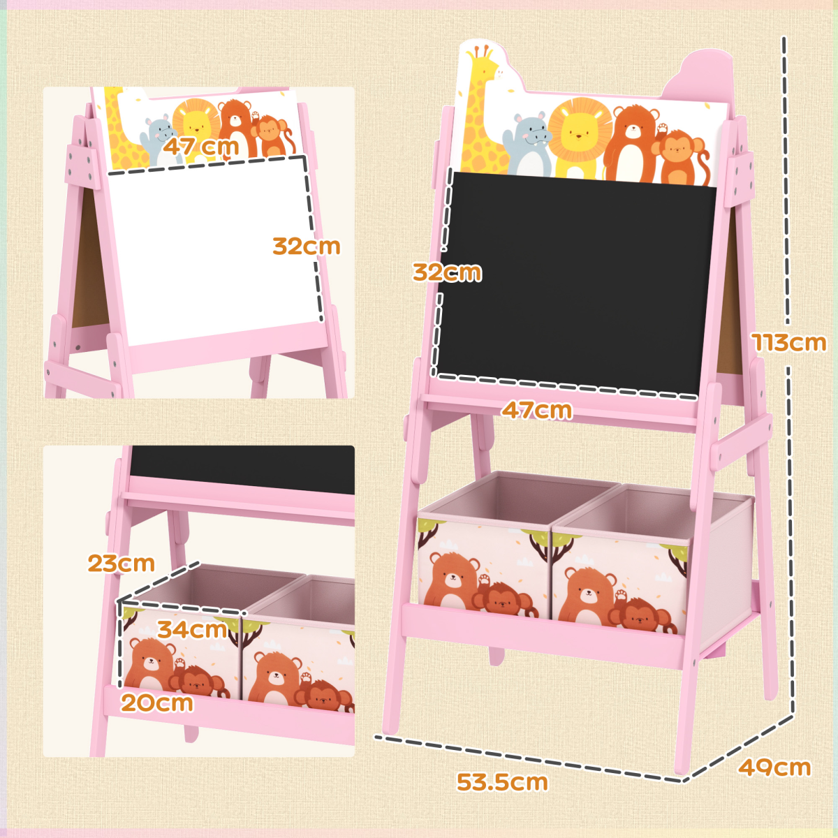 AIYAPLAY Pink 2-in-1 Kids Easel with Whiteboard, Chalkboard & Storage